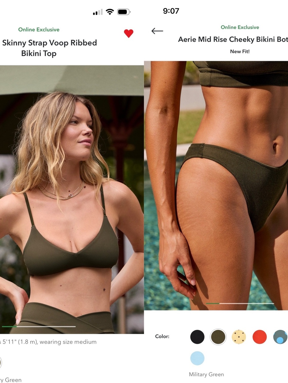 aerie Military Green Ribbed Skinny Strap Bikini Top and Mid Rise Bottoms